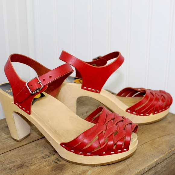 Swedish Hasbeens Shoes - Toffel Red Leather Braided Heel Clog Sandal ♥️ Sweetish Hasbeens